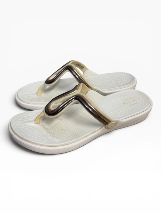 Shoes - Crocs Sanrah Metal Block Flip Flops White Bronze Comfort Sandals Womens Size 7